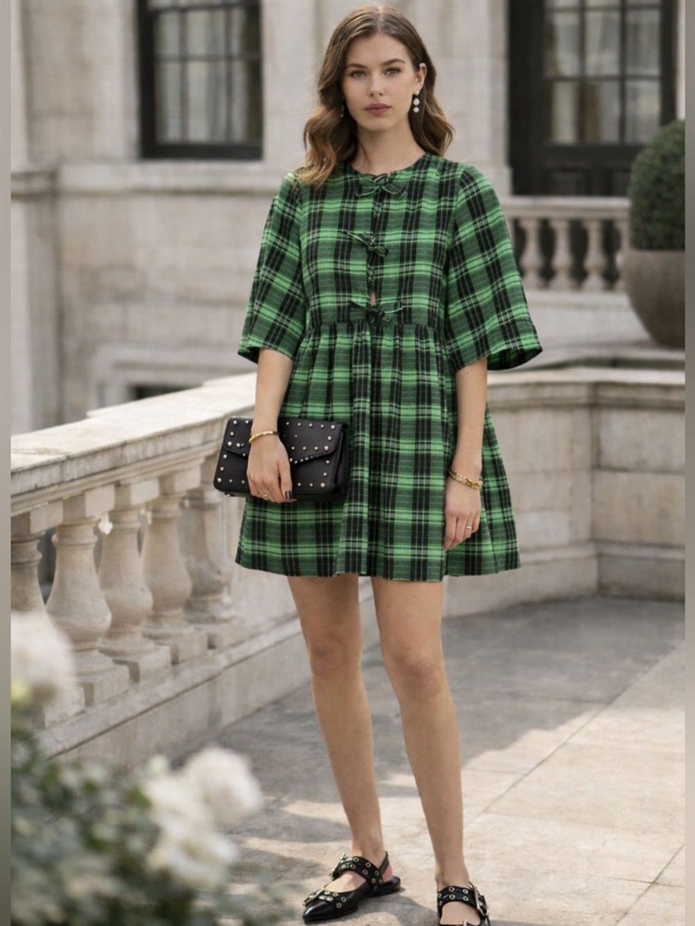 Ganni Plaid Mini Dress 3 Tie Front Babydoll Green Black Size M